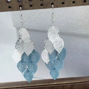 Brand New Leaf Tassel Earrings, Elegant Silvery/Blue Pendant Earring